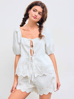 Cider - Cotton Women's Broderie Tie-Up Square Neck Blouse White