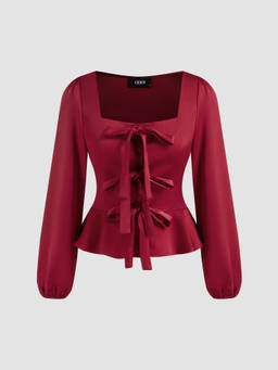Cider - Satin Women's Square Neck Bow Tie-Up Ruffle Hem Blouse Wine