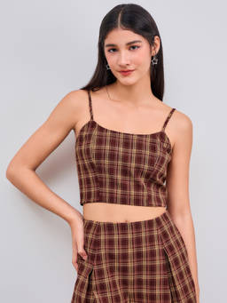 Cider - Women's Check Square Neck Zipper Crop Top Brown