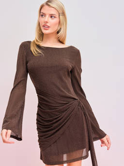 Cider - Mesh Women's Knotted Round Neck Mini Dress Brown