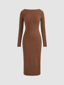 Cider - Cotton Blend Women Solid Boat Neck Midi Dress Brown