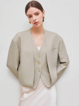 Cider - Layered Women's V-Neck Oversized Blazer Light Grey