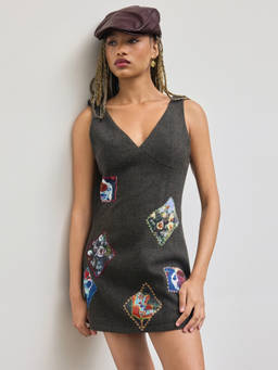 Cider - Wool-look Oil Painting Applique Women's V-neck Mini Dress Brown