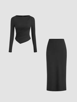 Cider - Jersey Women's Ruched Boat Neck Skirt Set Black