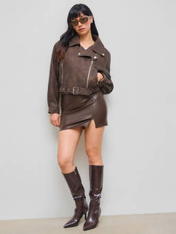 Cider - Faux Leather Women's Belted Pocket Biker Jacket Brown
