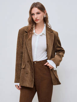 Cider - Suede Collar Women Solid Pocket Oversized Blazer Brown