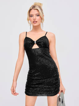 Cider - Sequin Women's V-Neck Buckle Bodycon Mini Dress Black