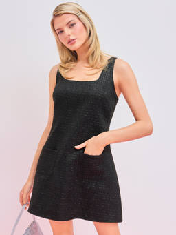 Cider - Tweed Women's Square Neck Pocket Zipper Mini Dress Black