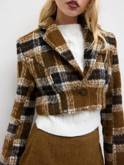 Cider - Wool-like Collar Checks Button Crop Jacket Tan