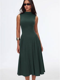 Cider - Solid Women's High Neck Sleeveless Pocket Ruffle Midi Dress Green