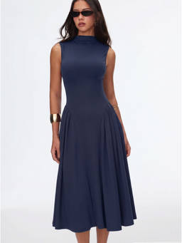 Cider - Solid Women's Sleeveless High Neck Midi Dress Navy Blue