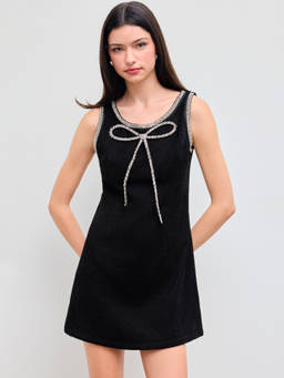 Cider - Rhinestone Bow Women's Sleeveless Round Neck Mini Dress Black