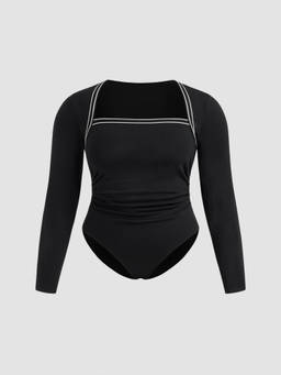 Cider - Contrasting Binding Women's Square Neck Ruched Bodysuit Black