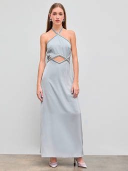 Cider - Rhinestone Women's Cut-Out Halter Neck Maxi Dress Blue