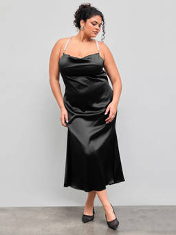 Cider - Satin Women's Cowl Neck Pearl Strap Maxi Dress Black