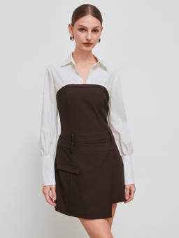 Cider - Two Tone Women's Collar Neck Wrap Mini Shirt Dress Brown