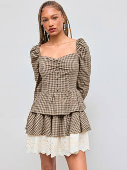 Cider - Cotton Women's Check Lace Hem Layered Mini Dress Tan