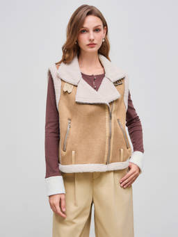 Cider - Faux Shearling Women's Oversized Collar Jacket Vest Khaki
