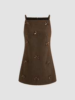 Cider - Wool-like Women's Square Neck Bow Detail Mini Dress Brown