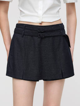 Cider - Double Belt Women Mid-Waist Skort Mini Skirt Indigo