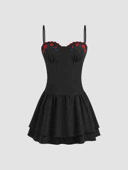Cider - Rose Embroidered Women's Sweetheart Ruffle Mini Dress Black