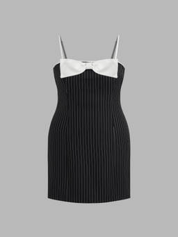 Cider - Curve & Plus Women's Striped Bow Square Neck Mini Dress Black
