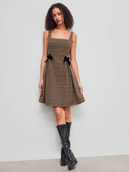 Cider - Tartan Bowknot Women’s Square Neck Checks Midi Dress Brown