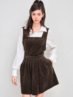 Cider - Corduroy Women's Square Neck Pleated Pinafore Mini Dress Brown