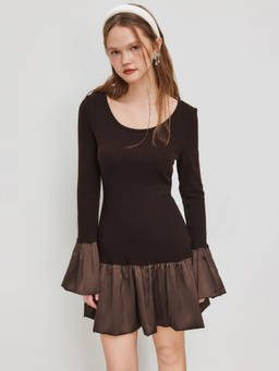 Cider - Women's Two-Tone Bell Sleeve Round Neck Mini Dress Brown