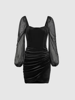 Cider - Velvet Women's Ruched Sequin Mesh Sleeve Mini Dress Black