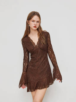 Cider - Lace Women's V-Neck Asymmetrical Hem Bell Sleeve Mini Dress Brown