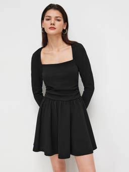 Cider - Cut Out Women's Ruched Square Neck Mini Dress Black
