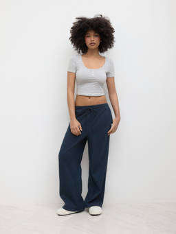 Cider - Cotton-Blend Women Striped U-Neck Co-ord Set Navy Blue