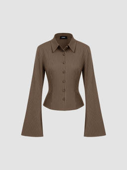 Cider - Striped Cinched Waist Women's Bell Sleeve Shirt Khaki