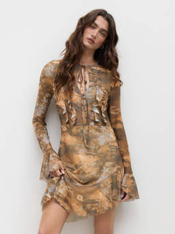 Cider - Mesh Women's Abstract Cut-Out Ruffle Hem Midi Dress Brown