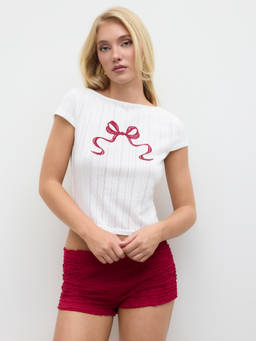 Cider - Bowknot Graphic Women’s Low Rise Lettuce Trim Short Set Red