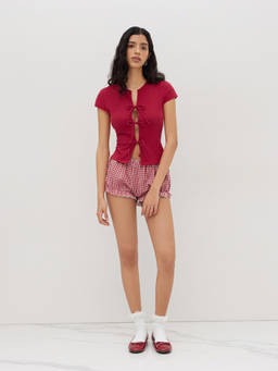 Cider - Cotton Blend Women Tie-Front Checks Short Set Red