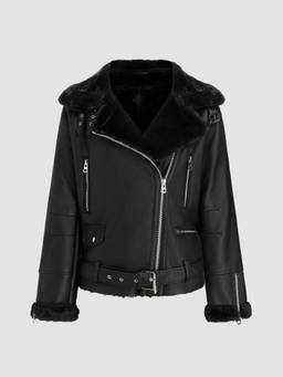 Cider - Faux Shearling Women's Belted Biker Jacket Black