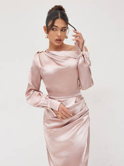 Cider - Women's Satin Ruched Asymmetrical Neck Maxi Dress Pink