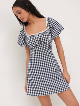Cider - Gingham Women's Puff Sleeve Square Neck Mini Dress Navy Blue