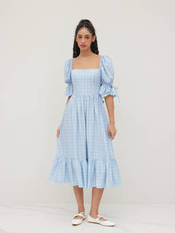Cider - Gingham Women's Square Neck Tie-Back Midi Dress Blue