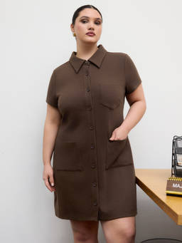 Cider - Curve & Plus Women's Polo Button-Up Pocket Mini Shirt Dress Brown