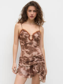 Cider - Mesh Print Women's Ruched Cut-Out Asymmetrical Mini Dress Brown