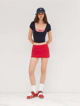 Cider - Gingham Patch Women's Square Neck Bow Detail Crop Top Navy Blue