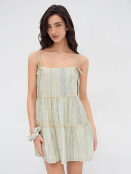 Cider - Cotton Floral Women's Tie-Up Strap Tiered Mini Dress Beige