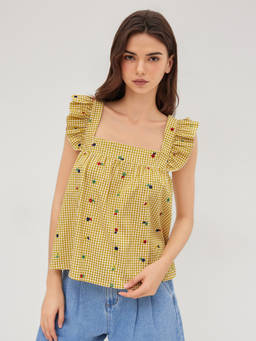 Cider - Gingham Women’s Floral Embroidered Ruffle Tank Top Yellow