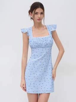 Cider - Cotton Blend Women's Gingham Floral Lace Trim Mini Dress Blue