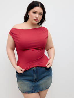 Cider - Asymmetrical Neck Women Ruched Off-Shoulder Top Red
