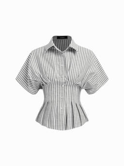 Cider - Cotton-Blend Women's Striped Pleated Cinched Waist Shirt Black
