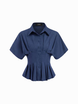 Cider - Cotton Blend Women's Pleated Cinched Waist Shirt Blue